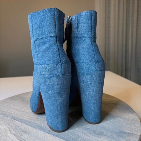 10 Crosby by Derek Lam Blue Denim Patchwork Ankle Bootie Block Heel Boots Sz 8 - Picture 7 of 12